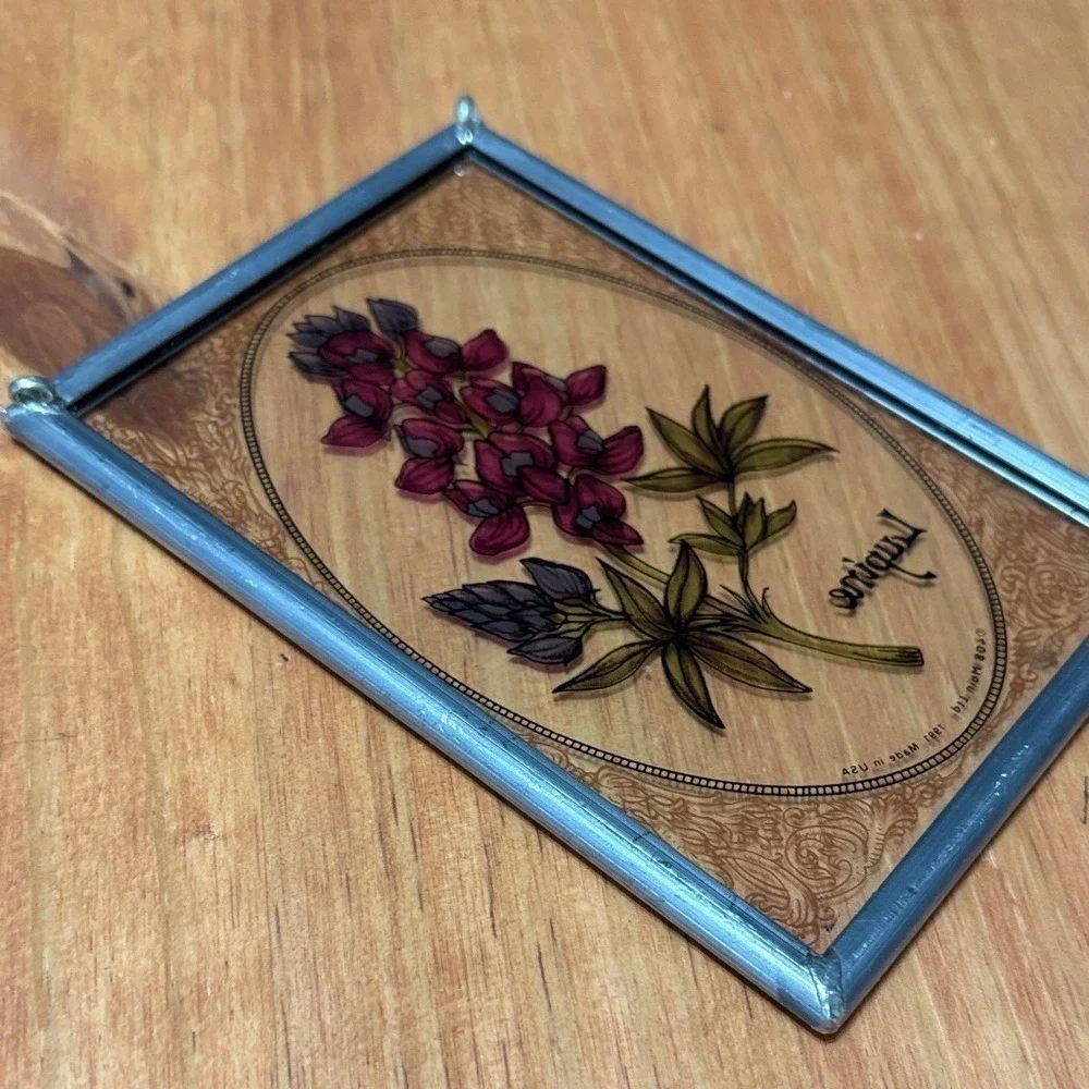 Vintage Lupine Floral Art Painted‎ Glass Sun Catcher w/ Metal Border 5.25